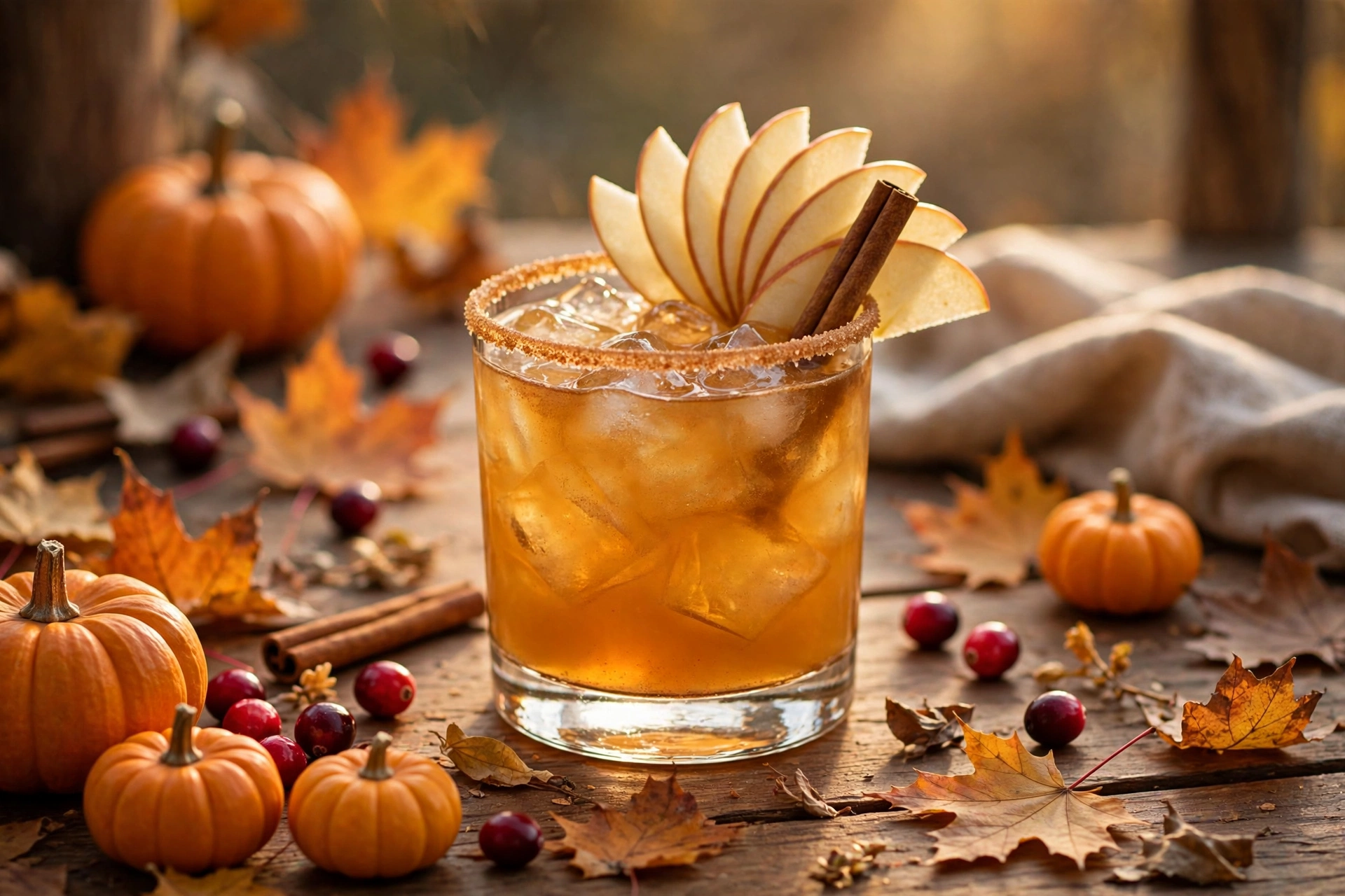 Apple cider margarita with cinnamon sugar rim, apple slice and cinnamon stick