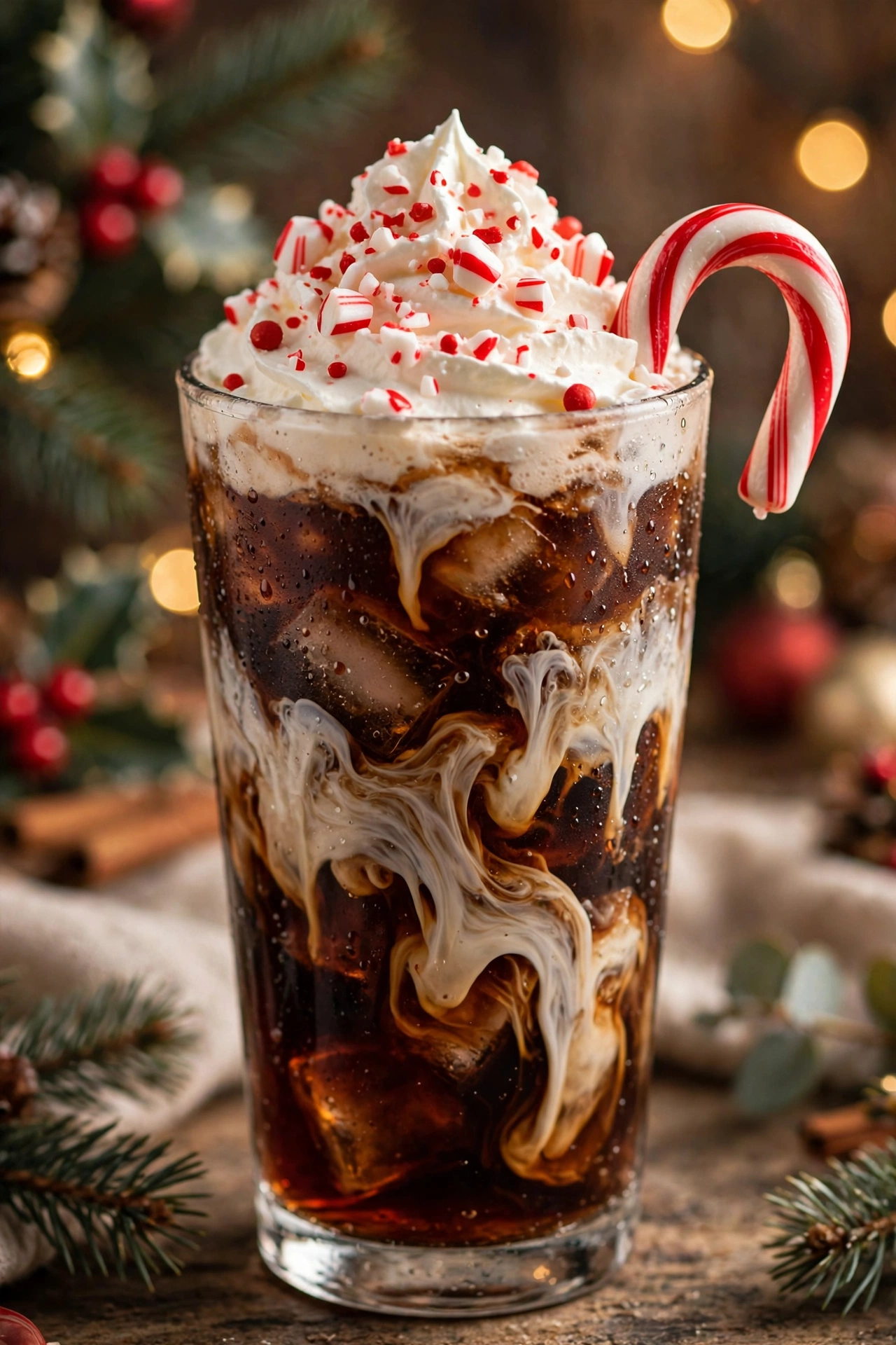 Christmas dirty soda with sweet cream, whipped cream and a candy cane, a viral holiday drink recipe
