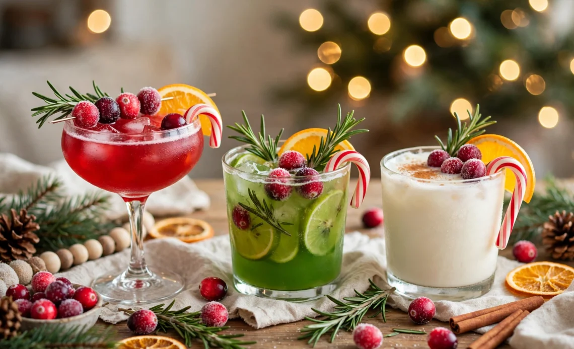 Festive Christmas drinks with cranberry, candy cane and citrus garnishes on a holiday table