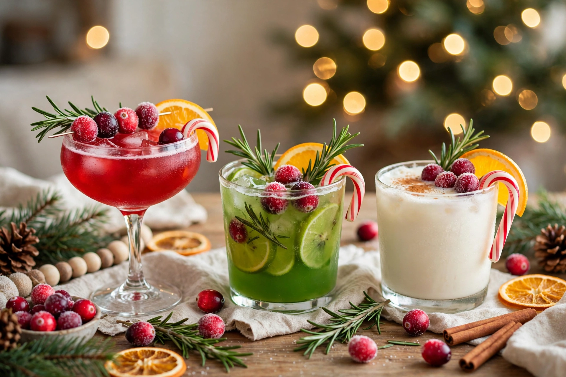 Festive Christmas drinks with cranberry, candy cane and citrus garnishes on a holiday table