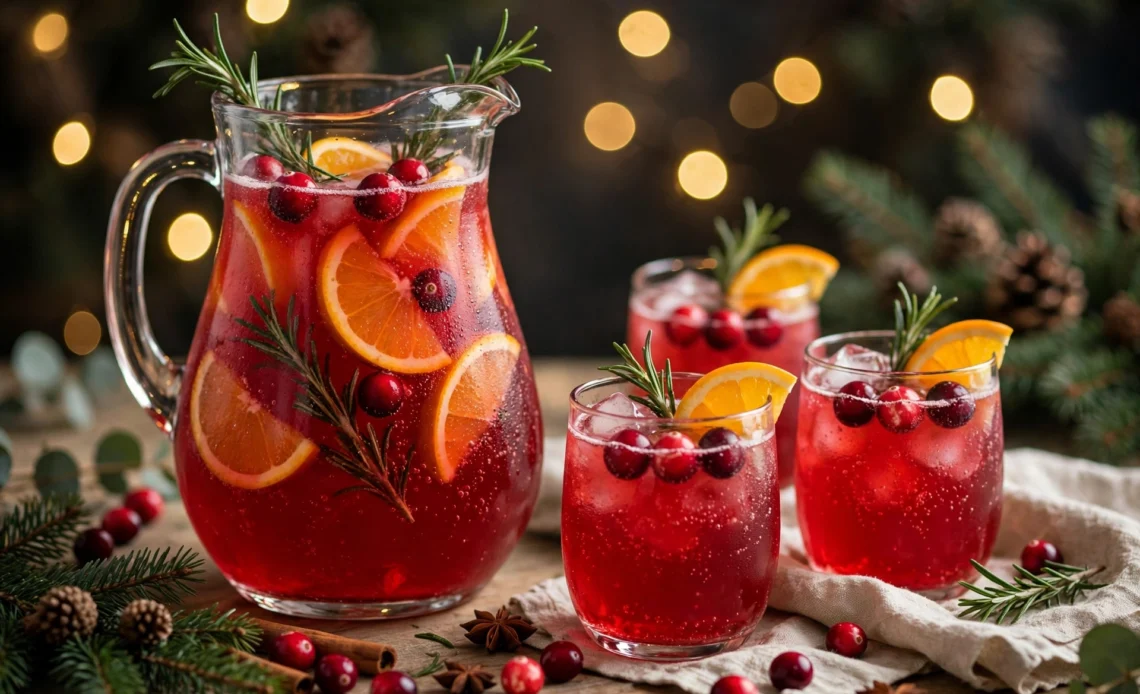 Sparkling cranberry Christmas mocktail punch with orange, cranberries and rosemary