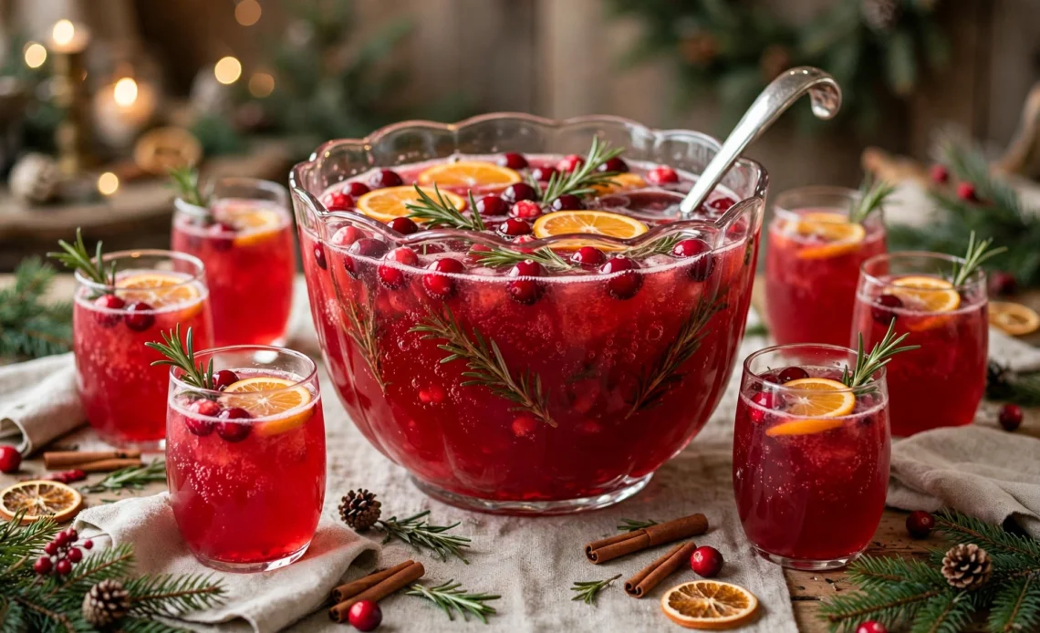 Classic cranberry Christmas punch bowl with orange, cranberries and rosemary