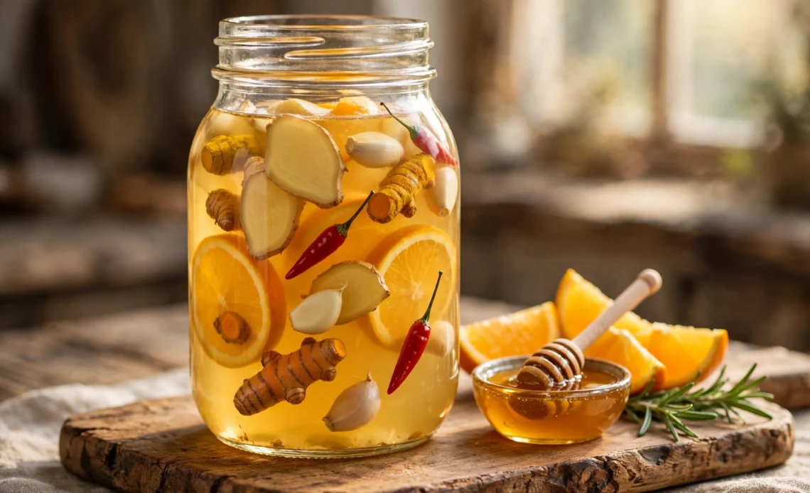Jar of homemade fire cider with ginger, turmeric, chili, citrus and honey