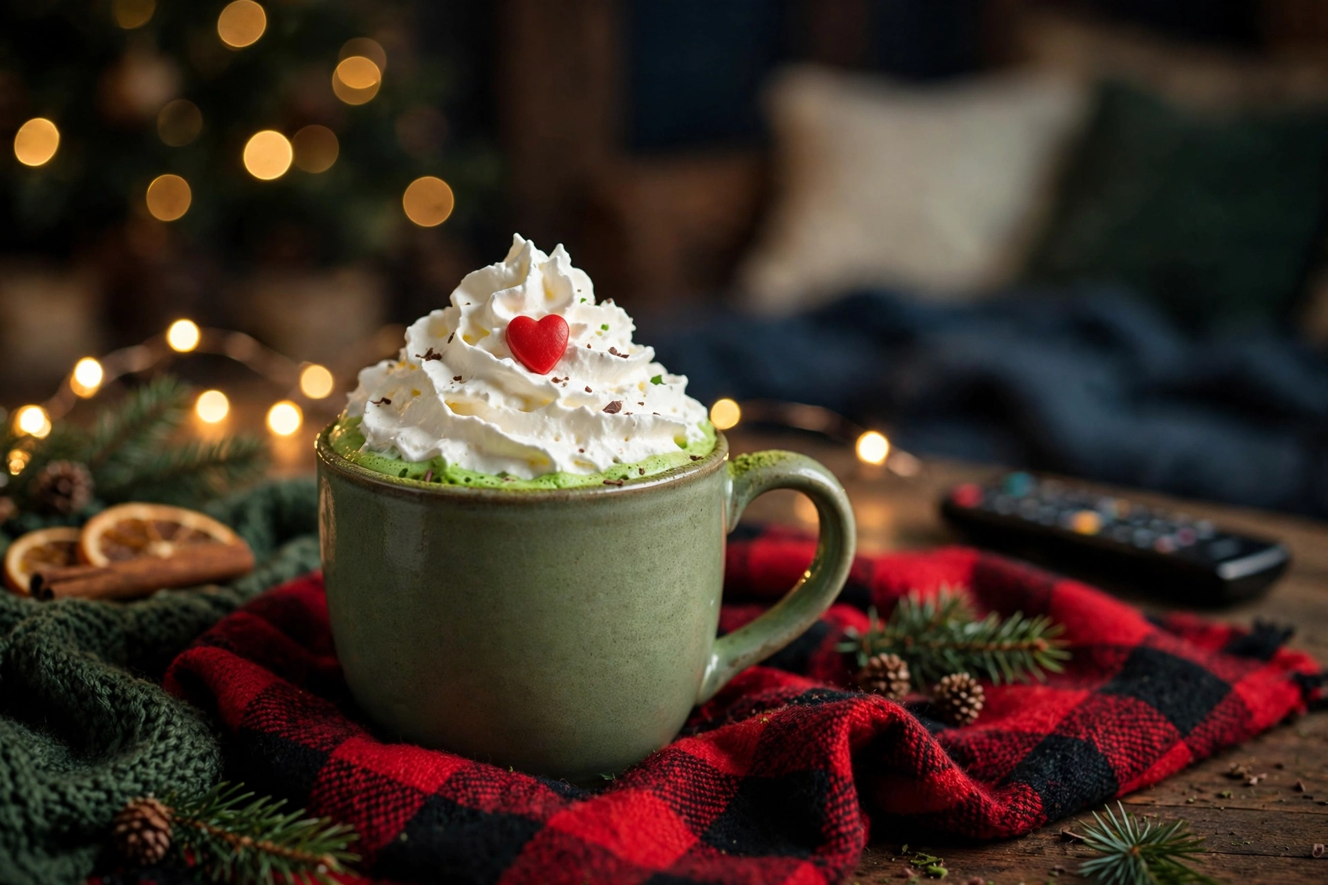 Grinch hot chocolate with whipped cream and a red heart