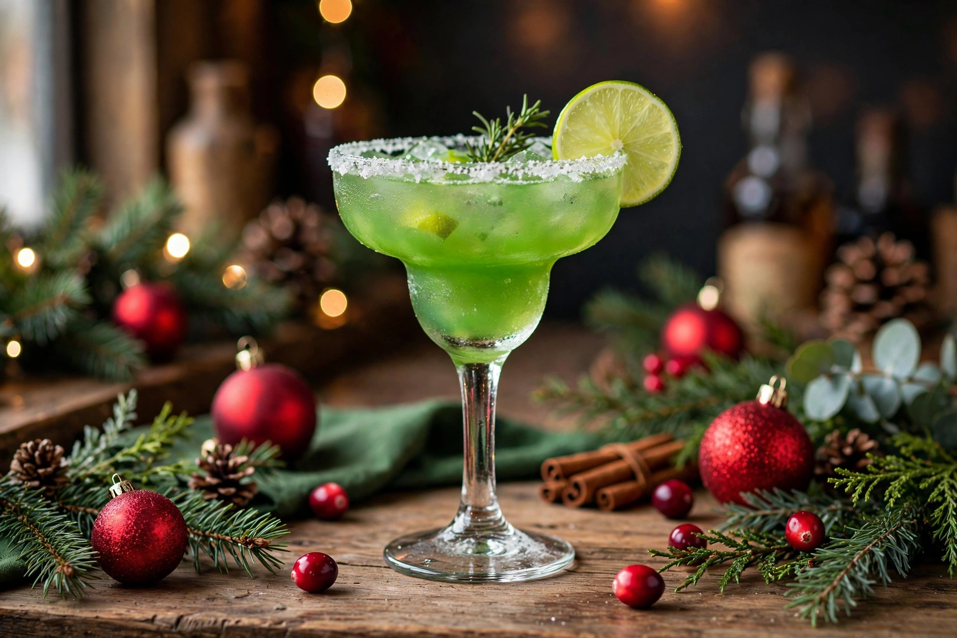 Grinch margarita with a salted rim and lime wheel