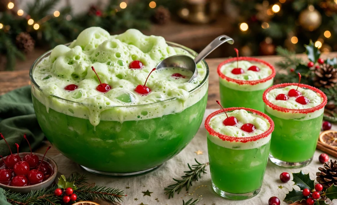 Grinch punch bowl with lime sherbet and cherries