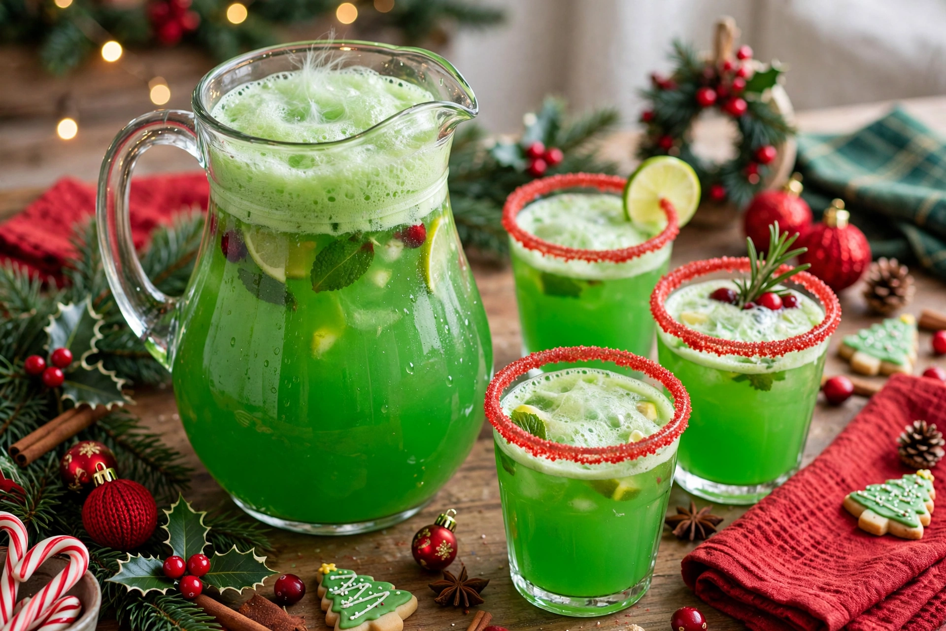 Non-alcoholic Grinch punch in a glass pitcher with a red sugar rim, an easy Christmas drink for kids and parties
