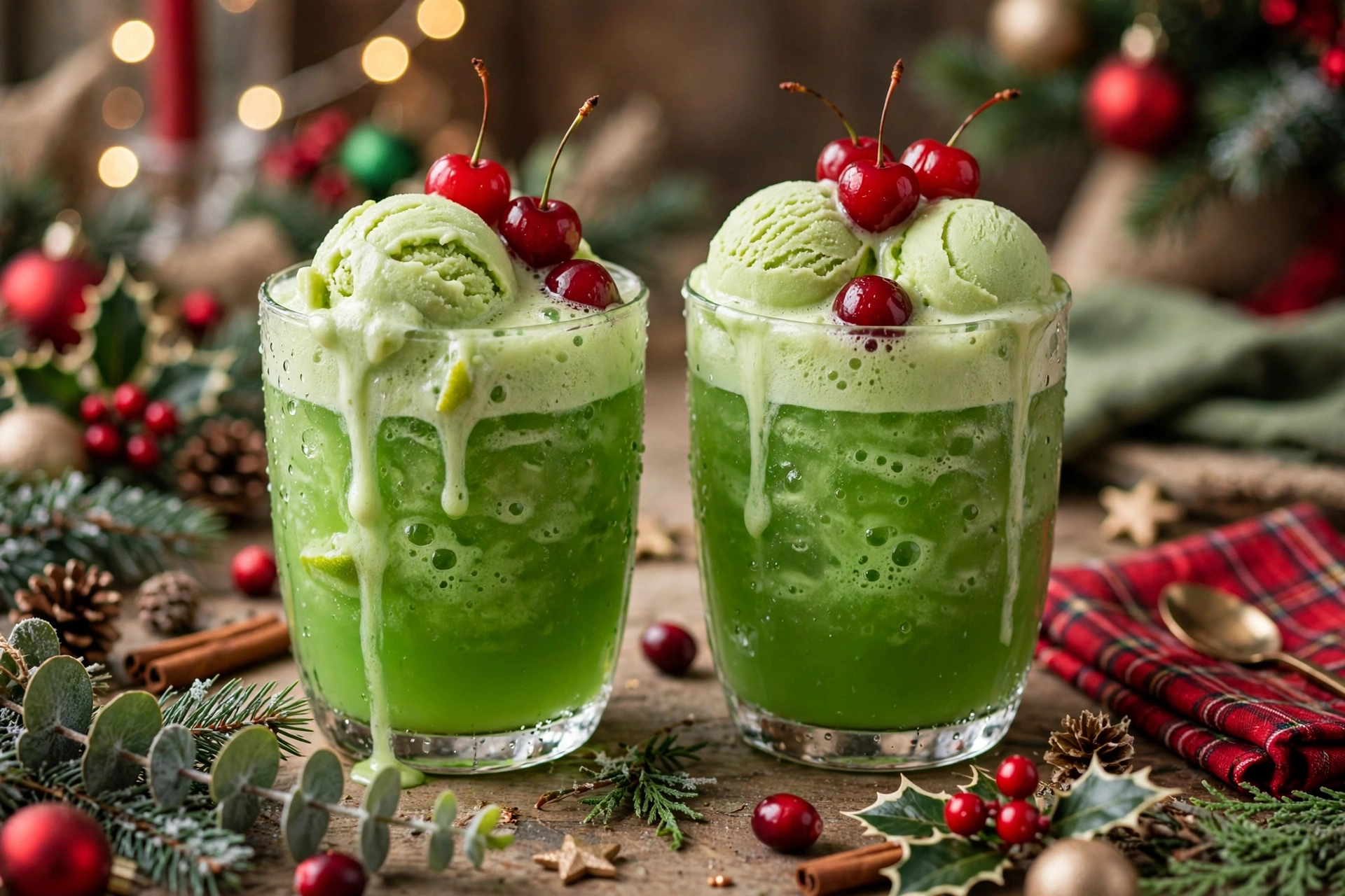 Glasses of frothy Grinch sherbet punch with cherries