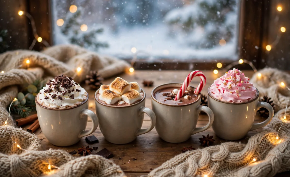 Four mugs of hot chocolate with different toppings on a cozy winter table