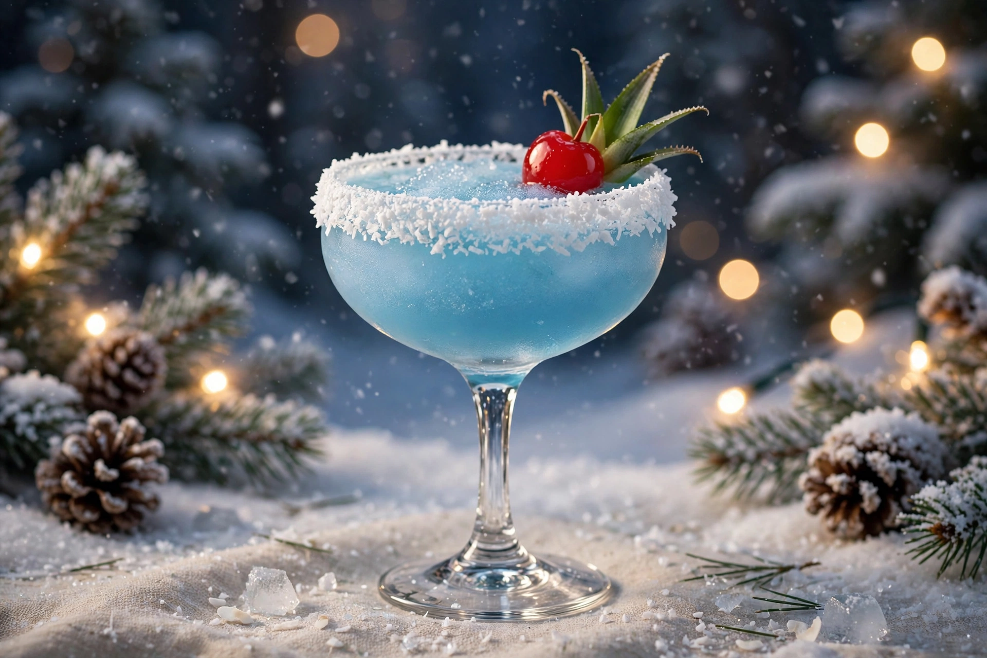 Jack Frost Christmas cocktail with a coconut snow rim, a blue festive holiday drink