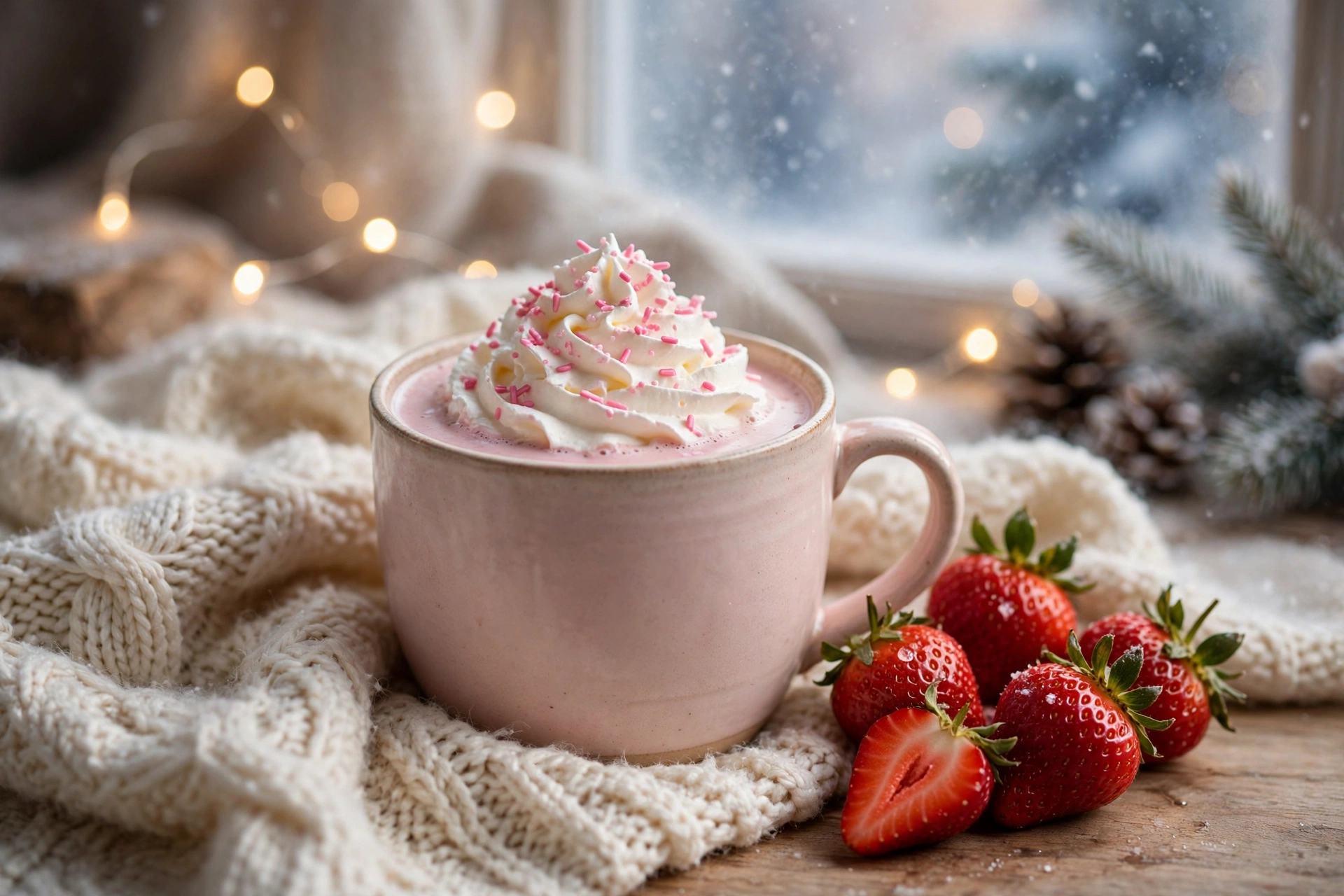 Pink hot chocolate with whipped cream, pink sprinkles and fresh strawberries