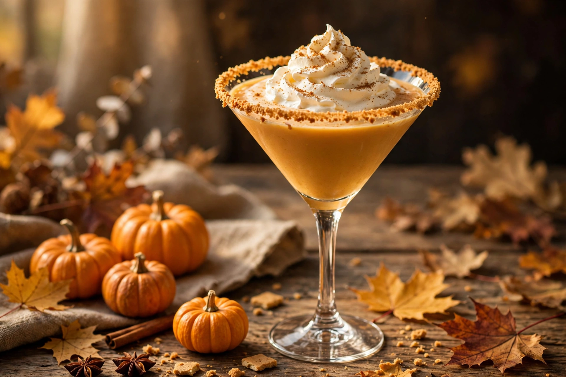 Pumpkin pie martini with graham cracker rim, whipped cream and pumpkin spice