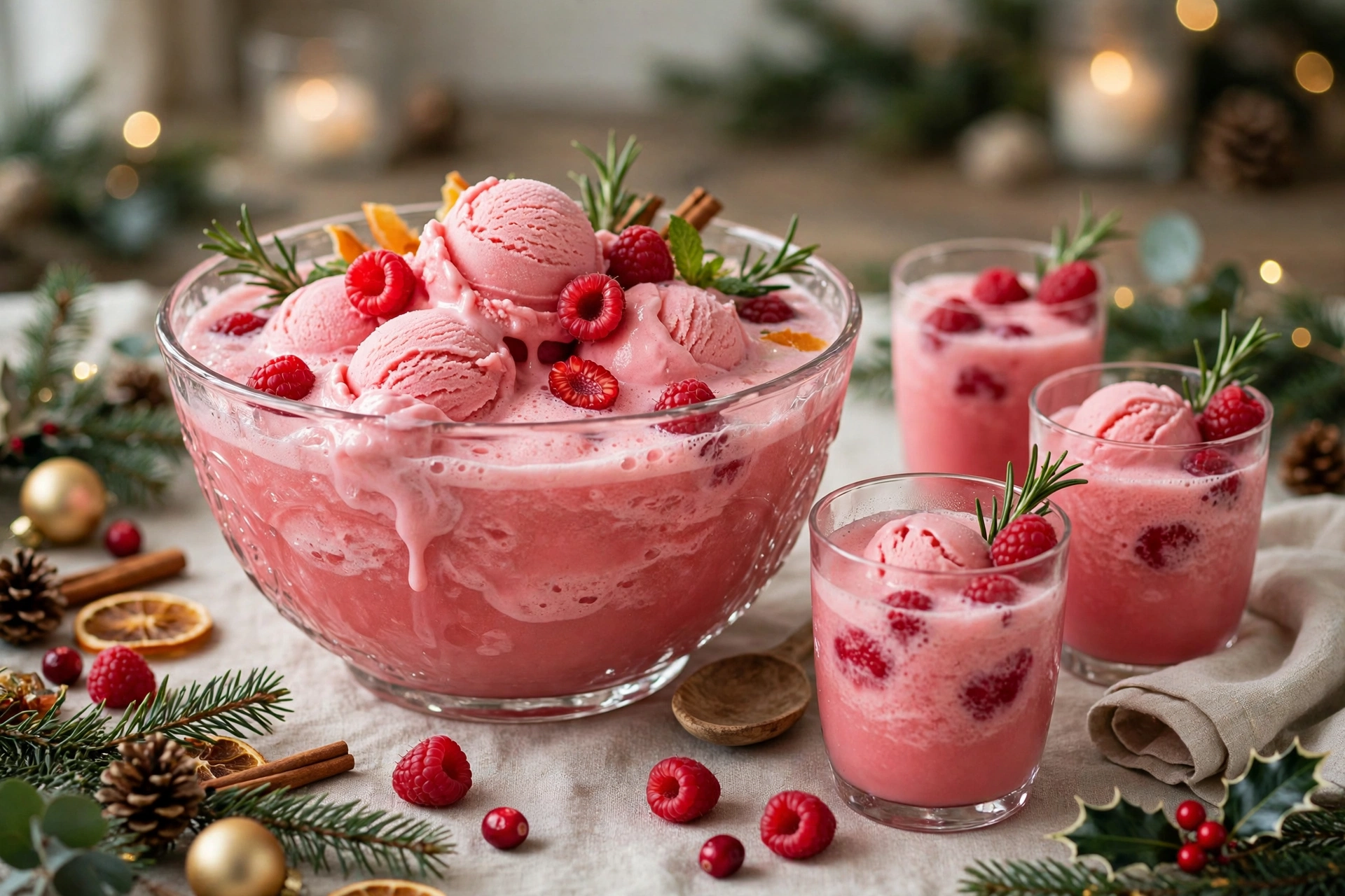 Pink sherbet Christmas punch with raspberries