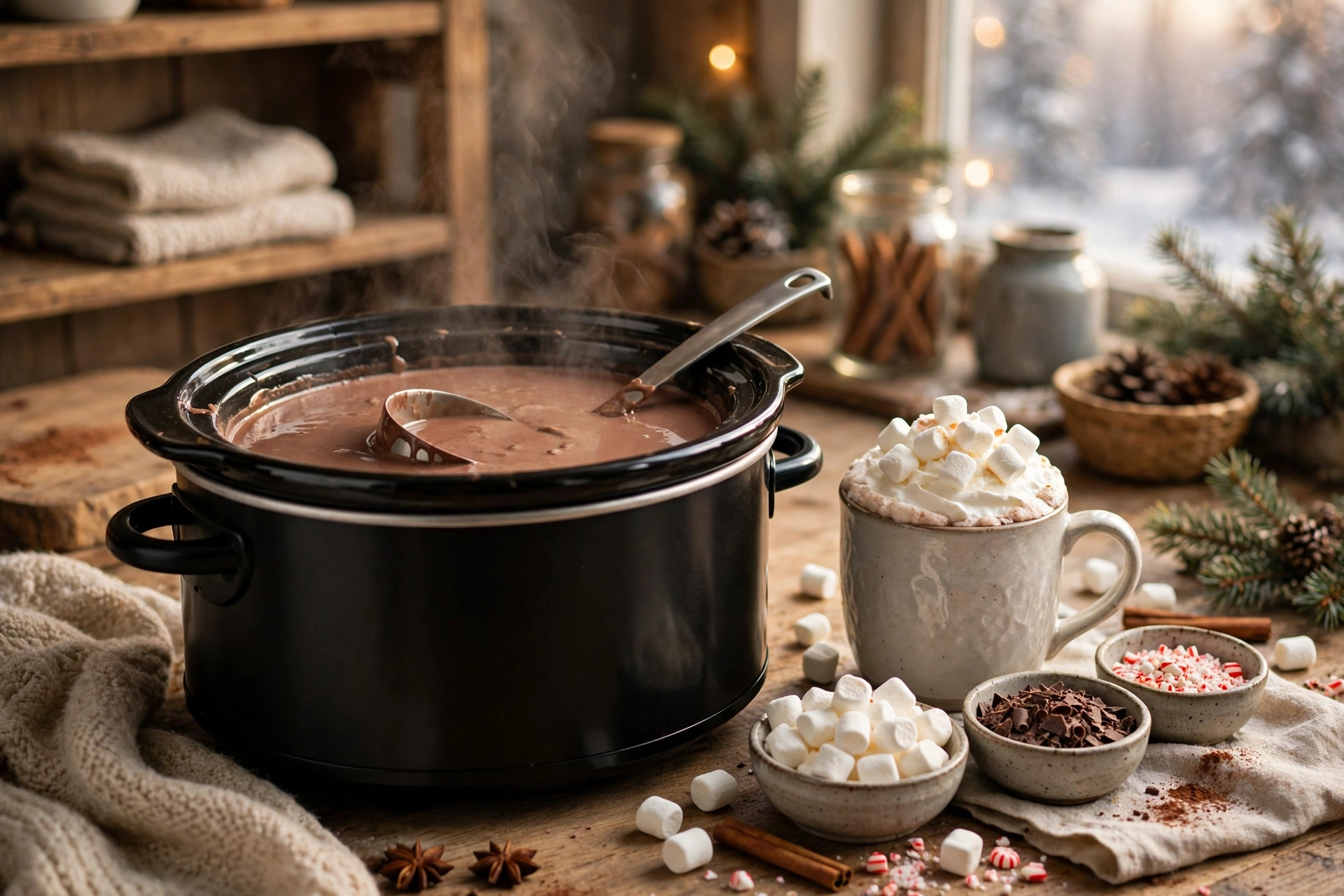 Slow cooker hot chocolate with a mug of whipped cream hot chocolate and topping bowls