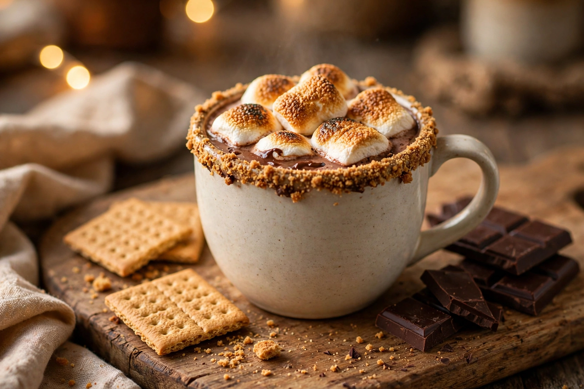 Smores hot chocolate with toasted marshmallows, graham crackers and chocolate