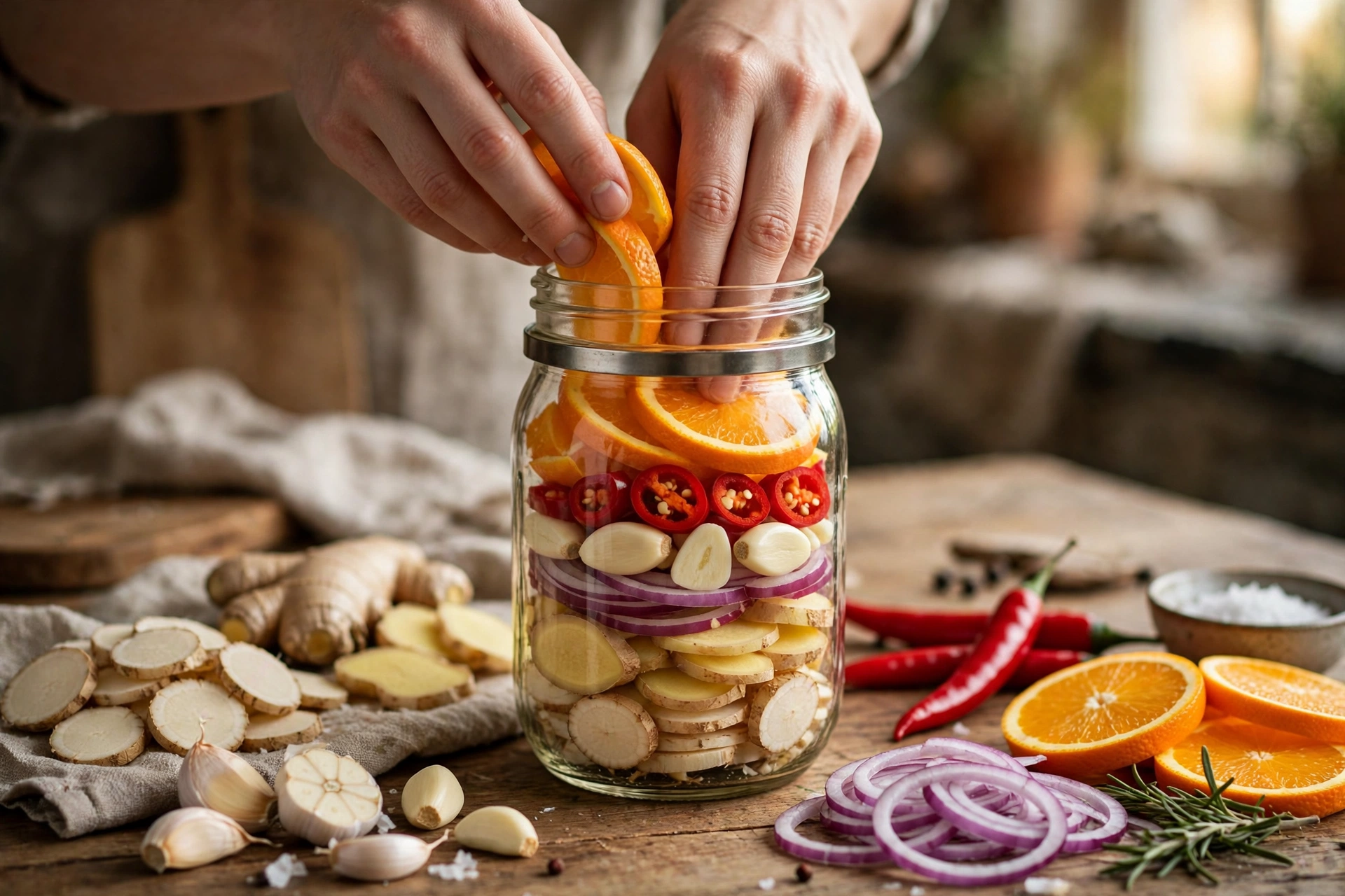 Packing a mason jar with fire cider ingredients - citrus, peppers and roots