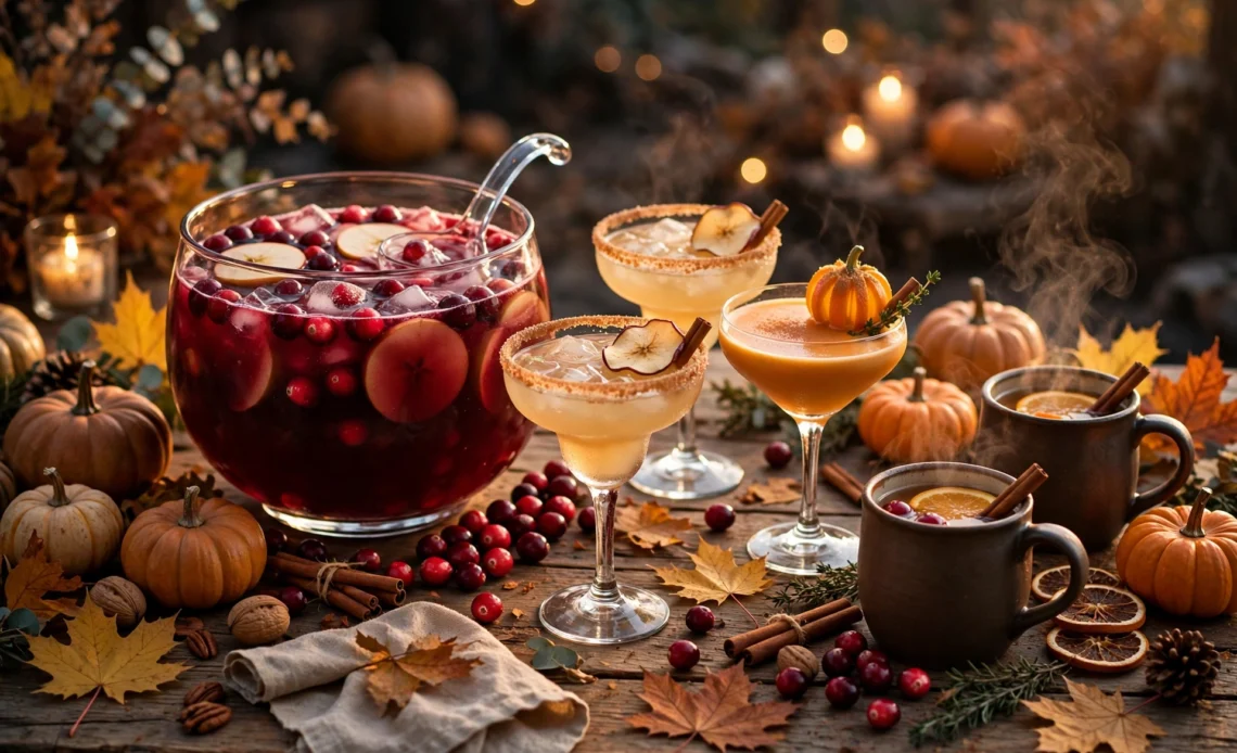Thanksgiving drinks table with cranberry punch, apple cider margaritas and pumpkin cocktails