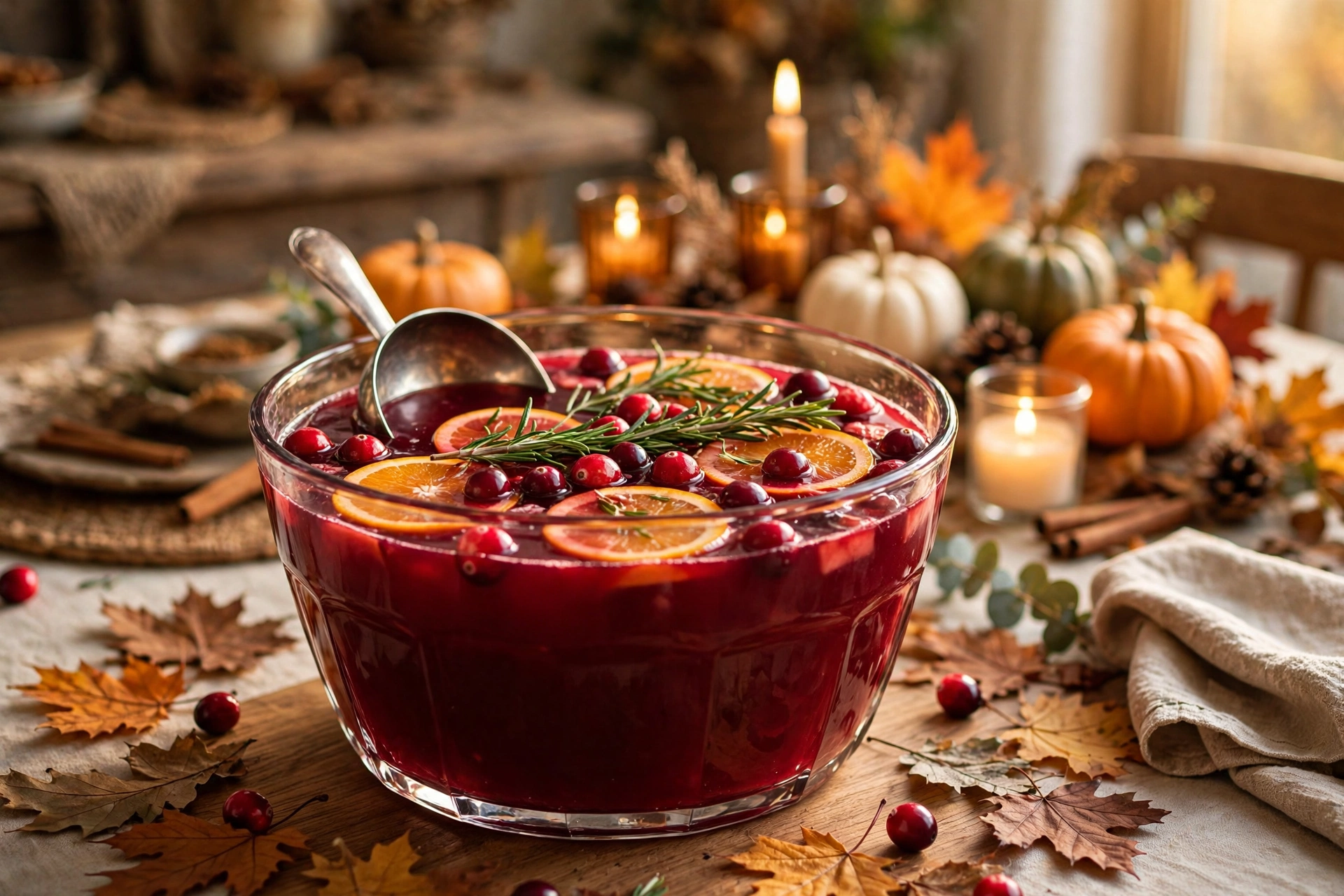 Thanksgiving punch bowl with cranberry, apple cider, orange slices and rosemary