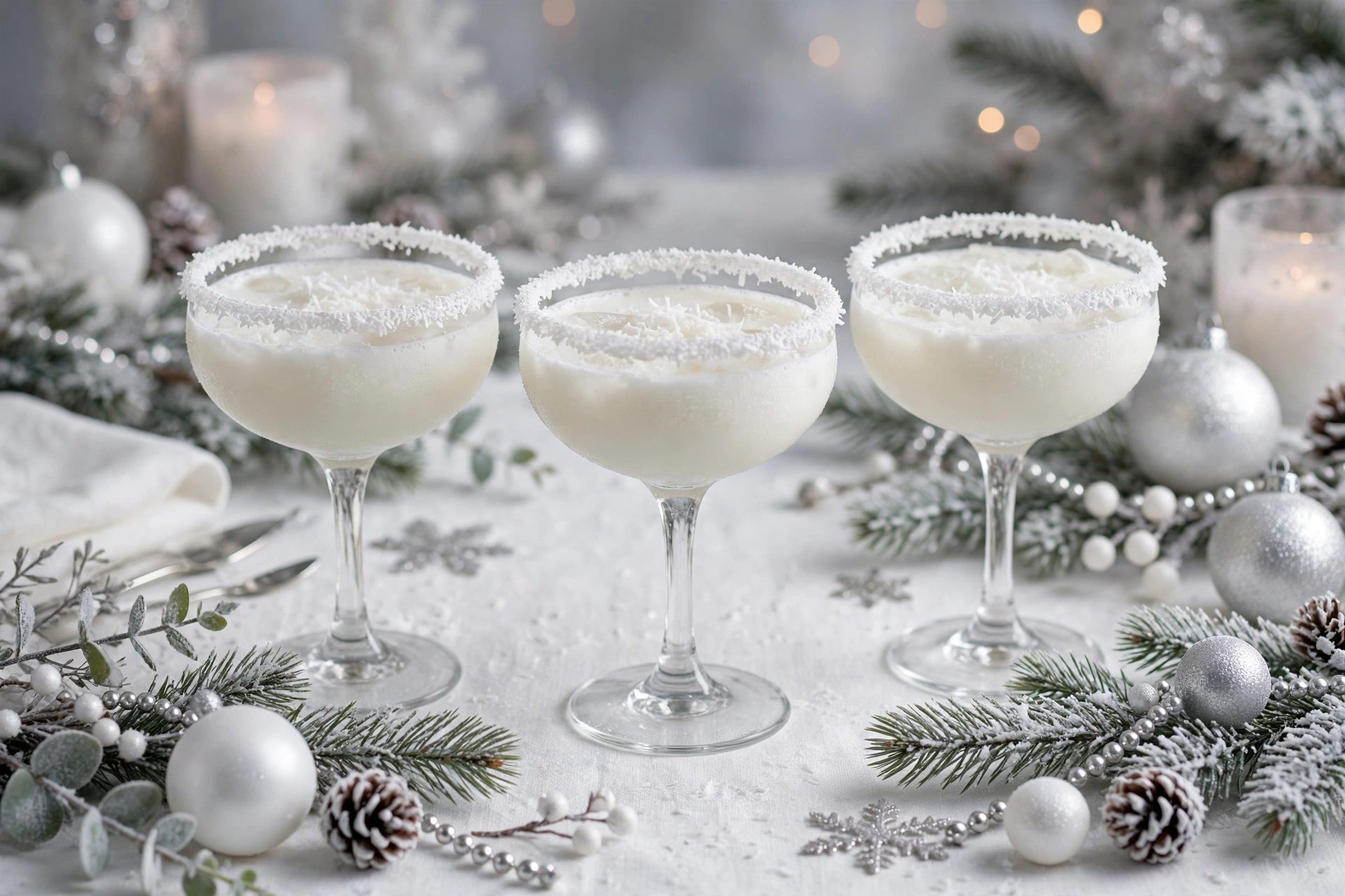 White Christmas punch in coconut-rimmed glasses